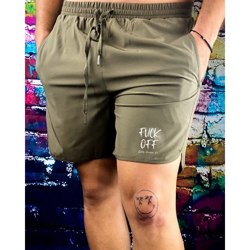 Salty Savage Men’s “FUCK OFF” Wave Cut All Day, Every Day, Hybrid Shorts | Olive