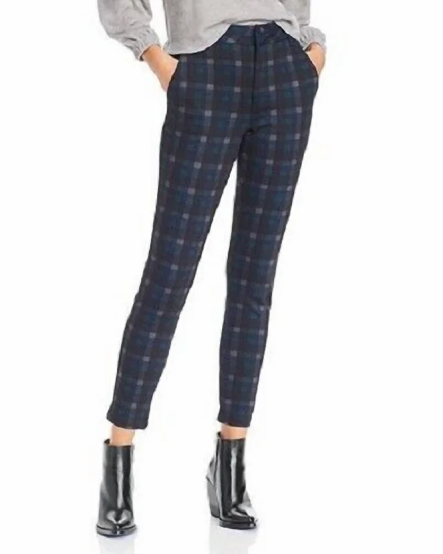 Stretch High Rise Slim Pants In Green Navy Plaid