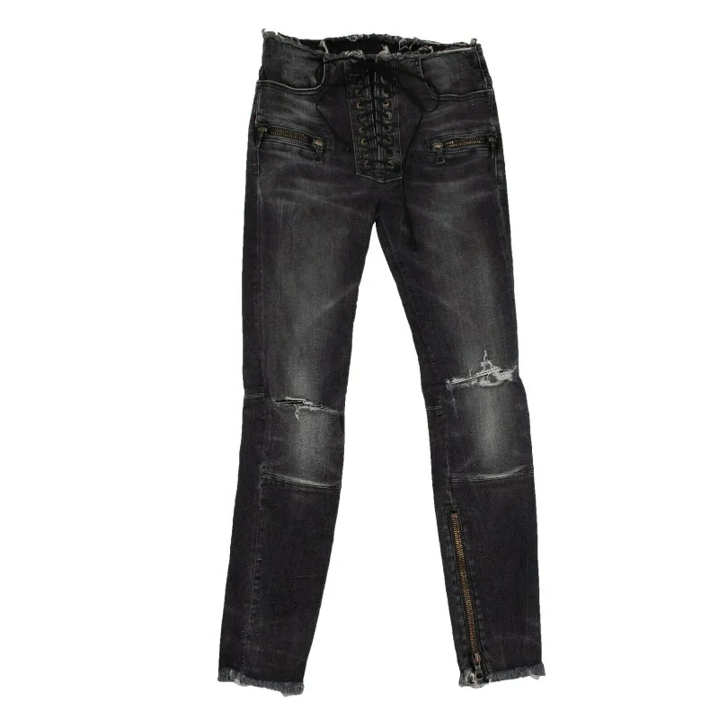 Unravel Project Dark Lace-Up Skinny Jeans - Denim