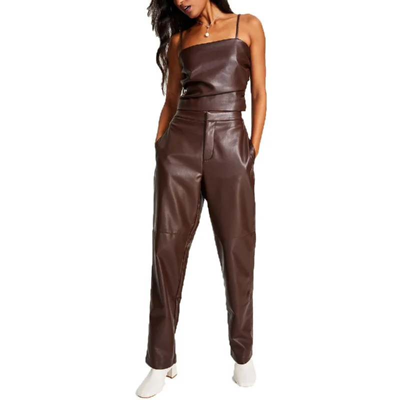 Womens Faux Leather Wide Leg Trouser Pants